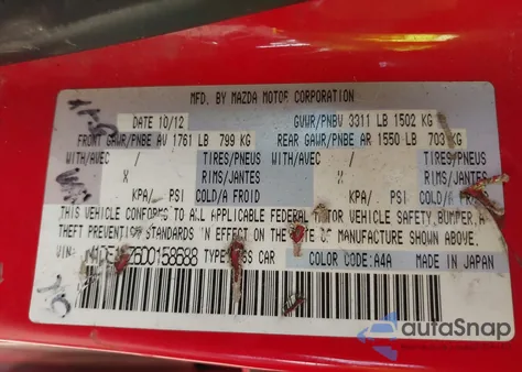 2013 Mazda Mazda2 Touring из США, поврежденный, VIN JM1DE1LZ6D0158688